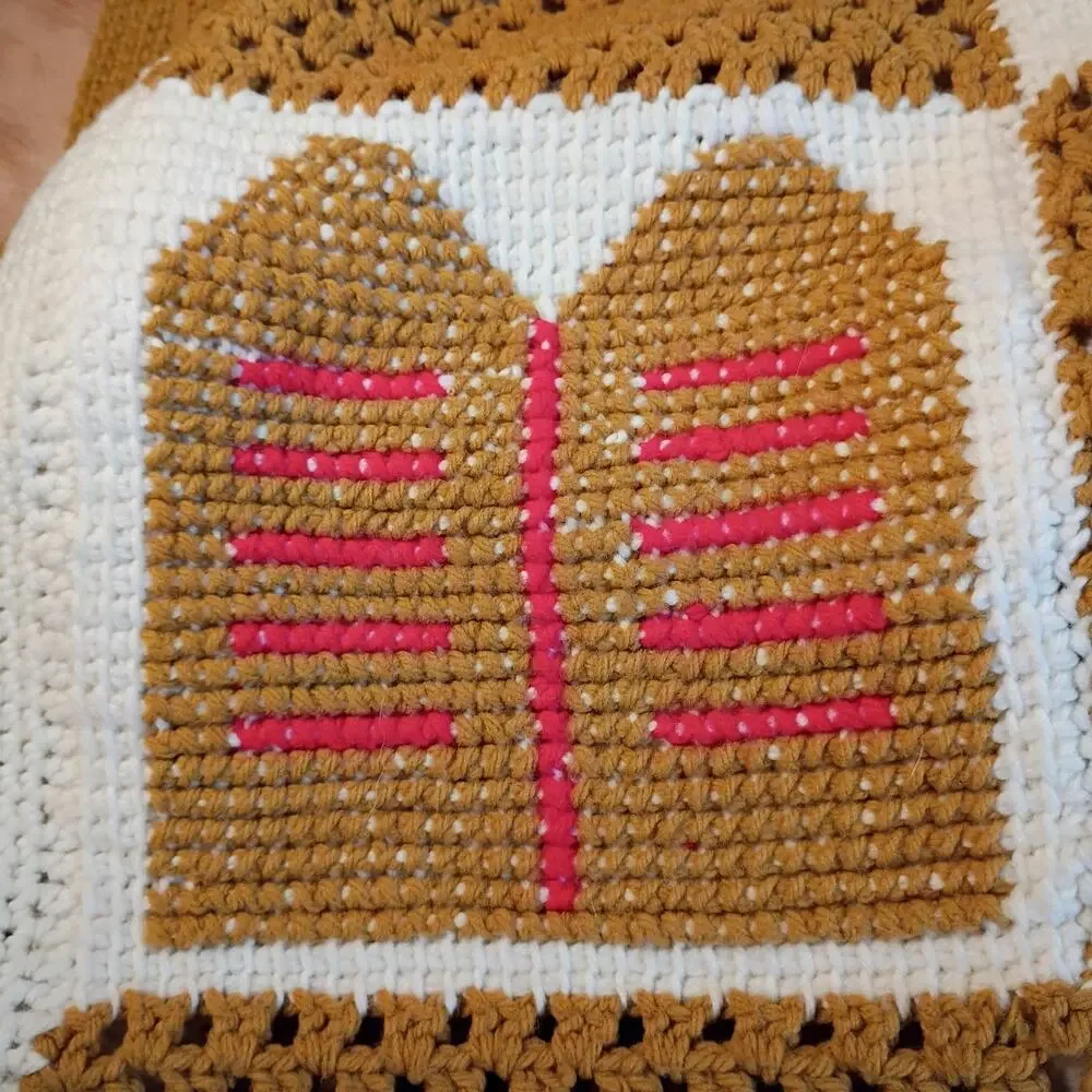 Handmade Crochet Afghan Blanket 64x49 Religious Christian Catholic Gold White